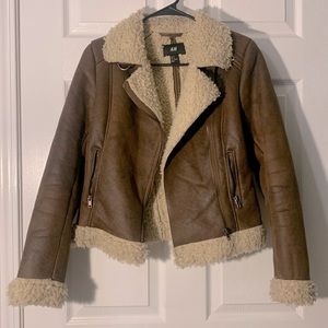 H&M brown jacket faux shearling biker jacket Sz 4